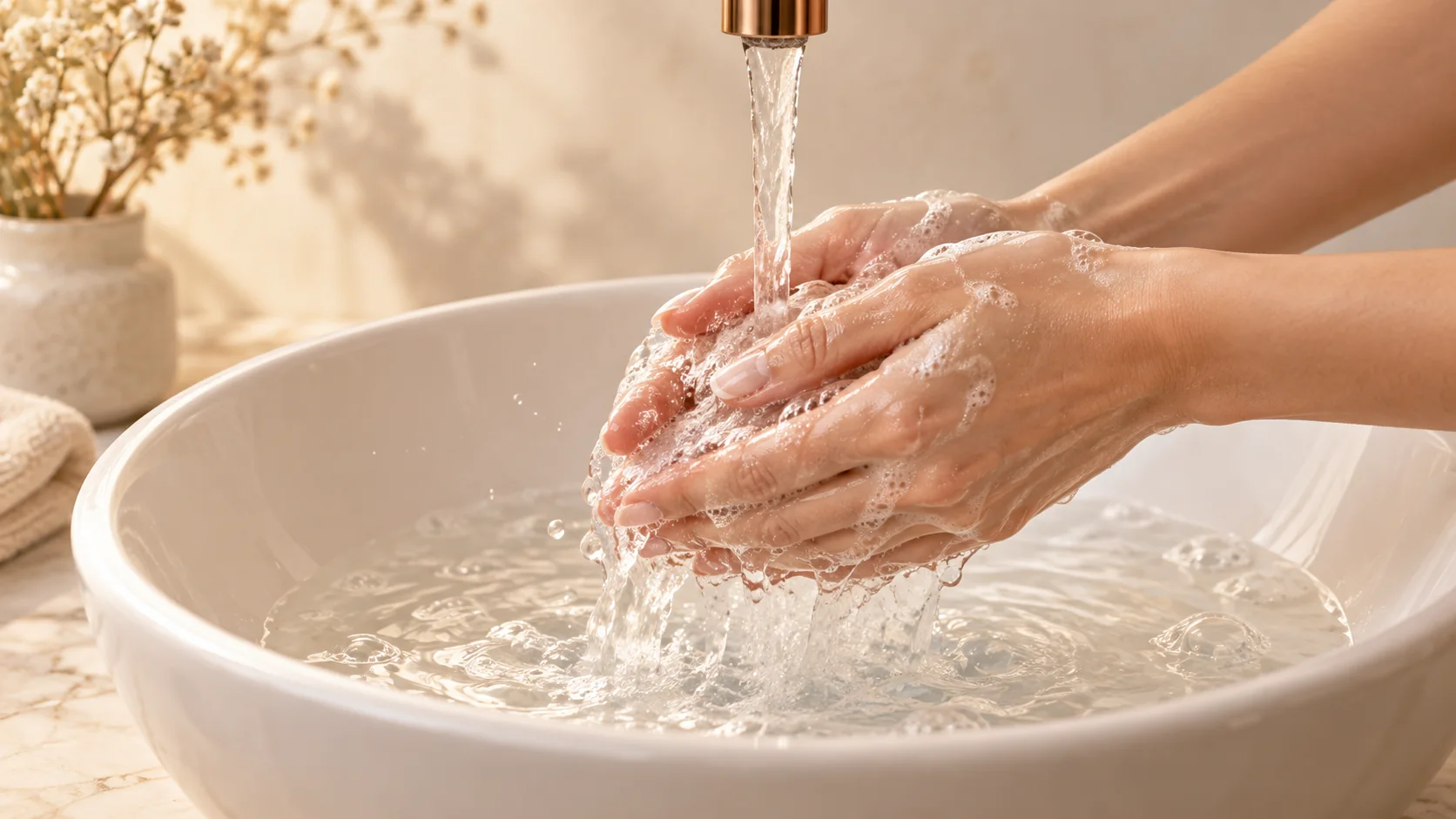 Illustration of hands being washed with soap at a basin.
